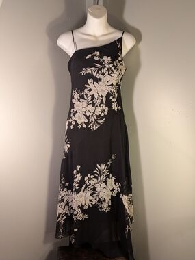 Vintage B. Moss Black/White Floral Chiffon Asymmetrical Slip Dress Spaghetti 2